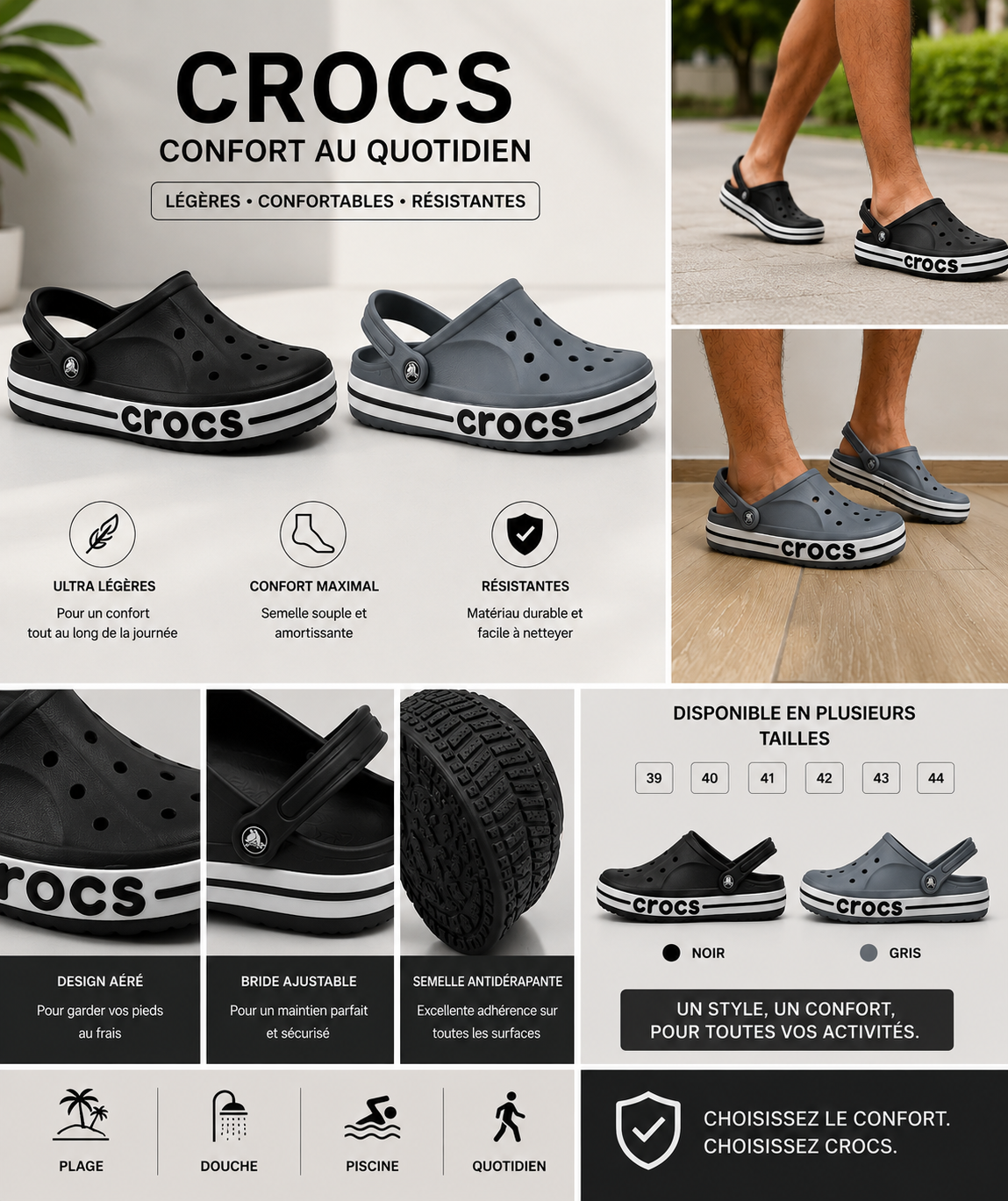 ✨ Crocs Confort  – Beige, Bleu, Noir & Gris ✨